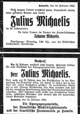 Michaelis-Julius-Todesanzeige 1934